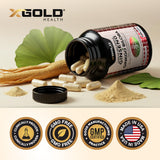 X Gold Health cápsula comparada con mano para referencia de tamaño