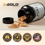 X Gold Health comparación de tamaño junto a una moneda para visualizar escala