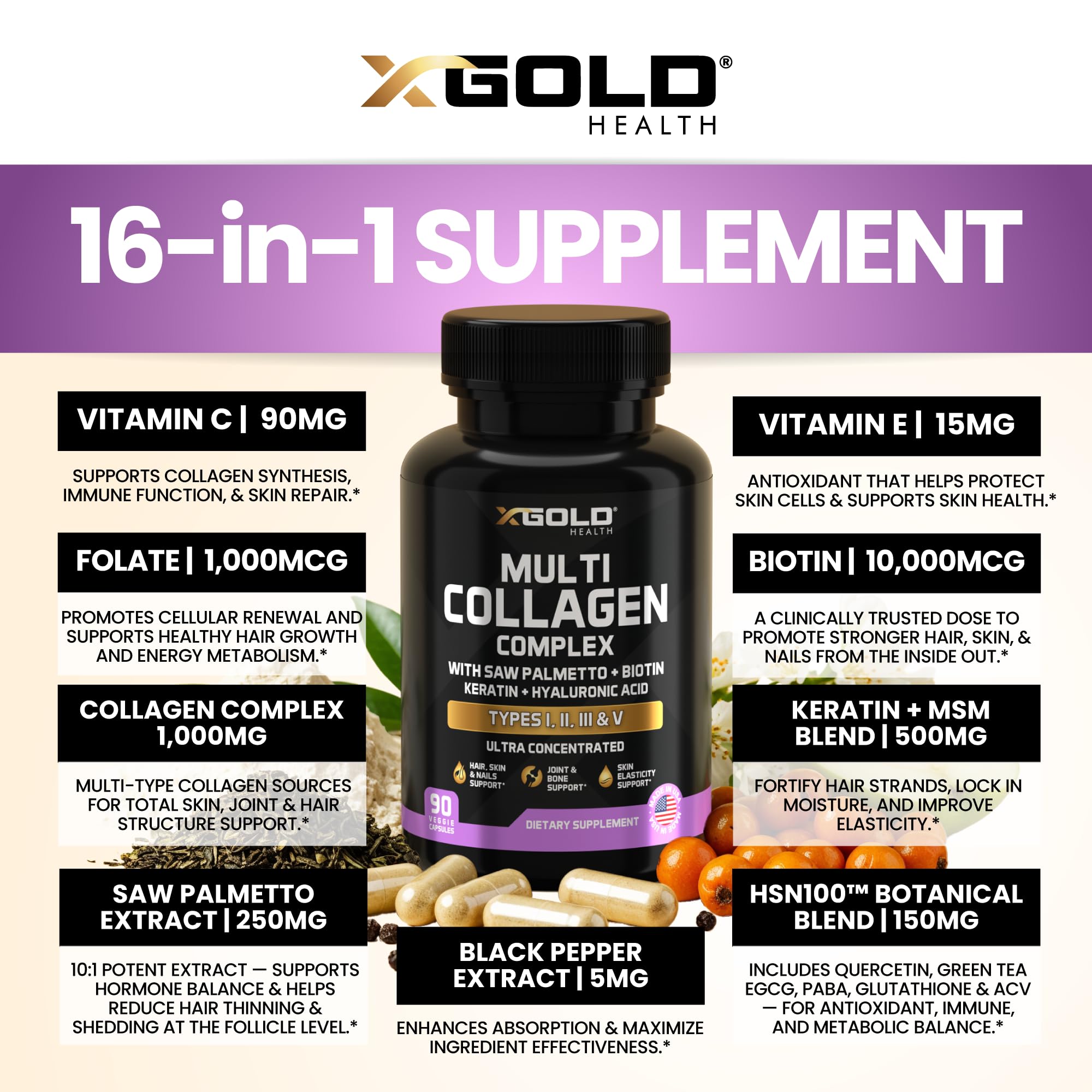 X Gold Health detalle de etiqueta con ingredientes clave y ventaja