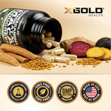 X Gold Health detalle de etiqueta con información de extractos y proporciones