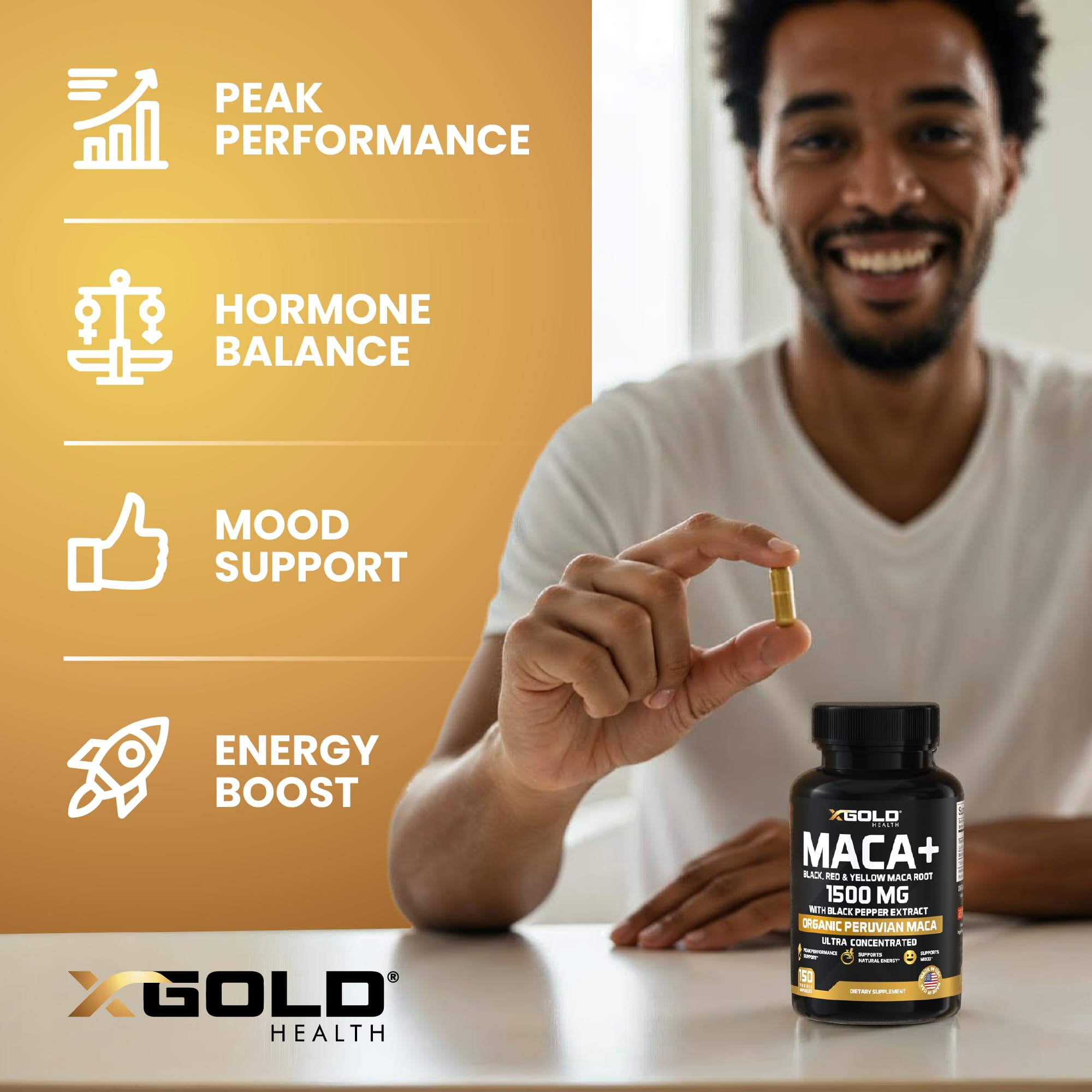 X Gold Health etiqueta de ingredientes destacando maca orgánica y piperina