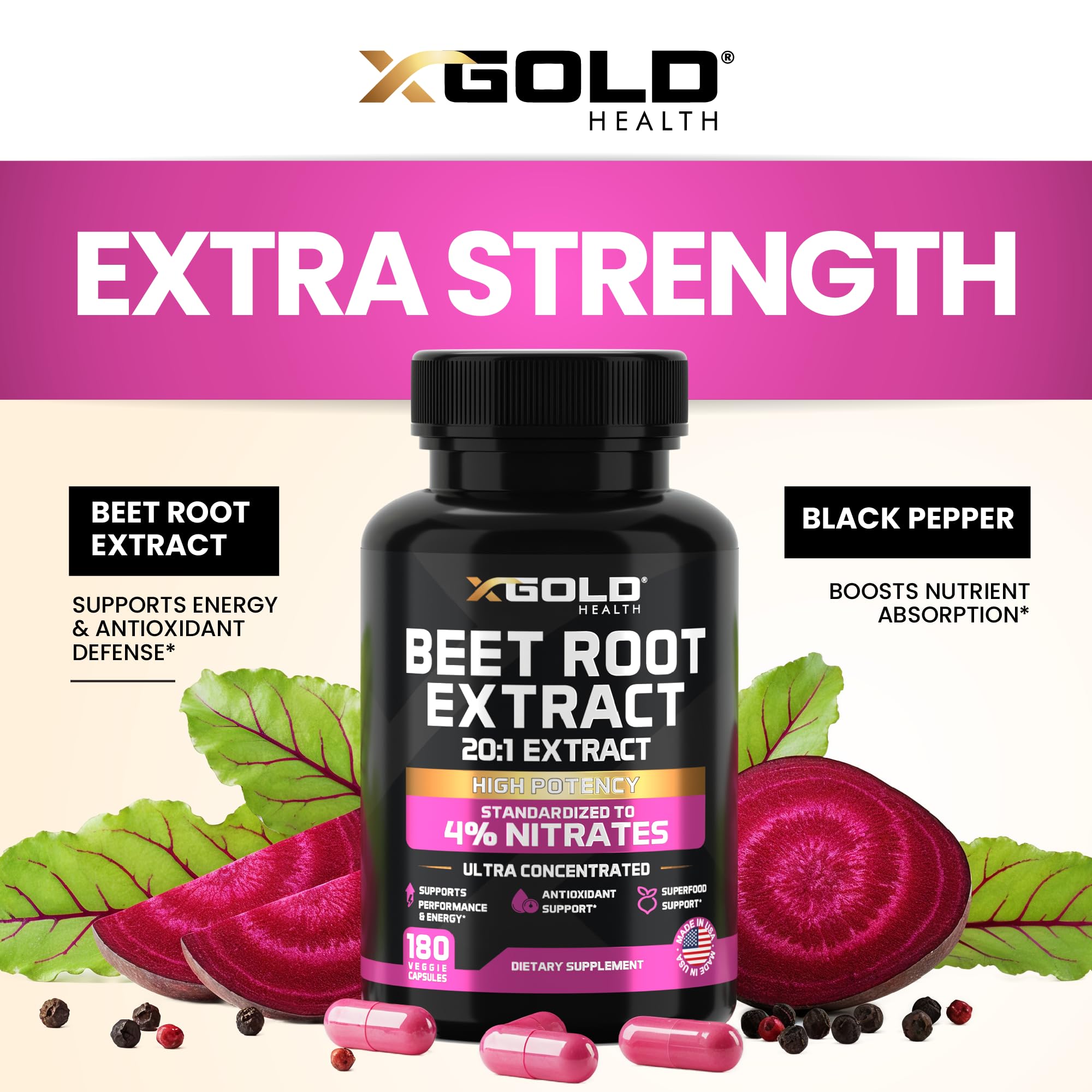 X Gold Health etiqueta destacando nitratos estandarizados y pruebas