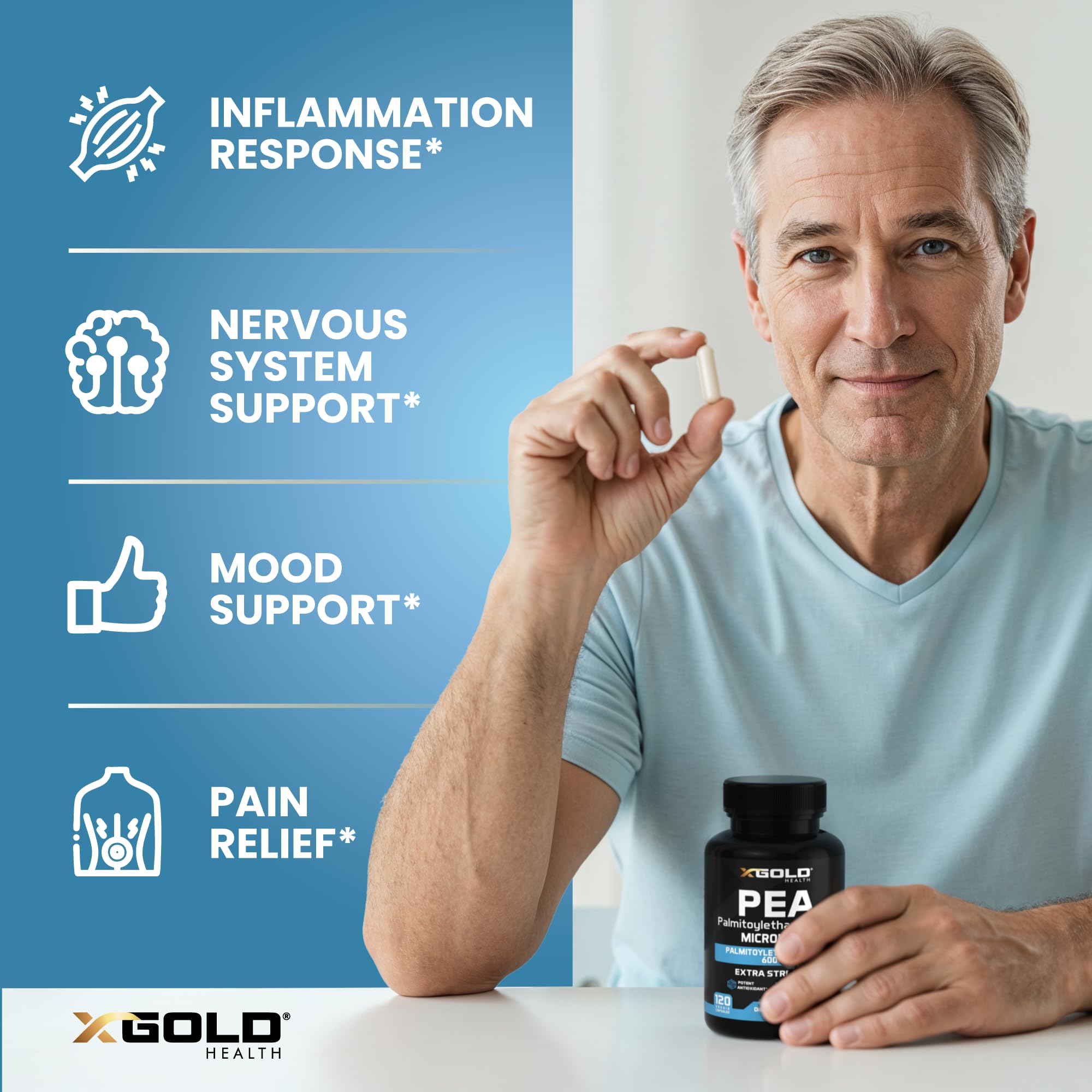 X Gold Health etiqueta nutricional que muestra 600 mg por cápsula