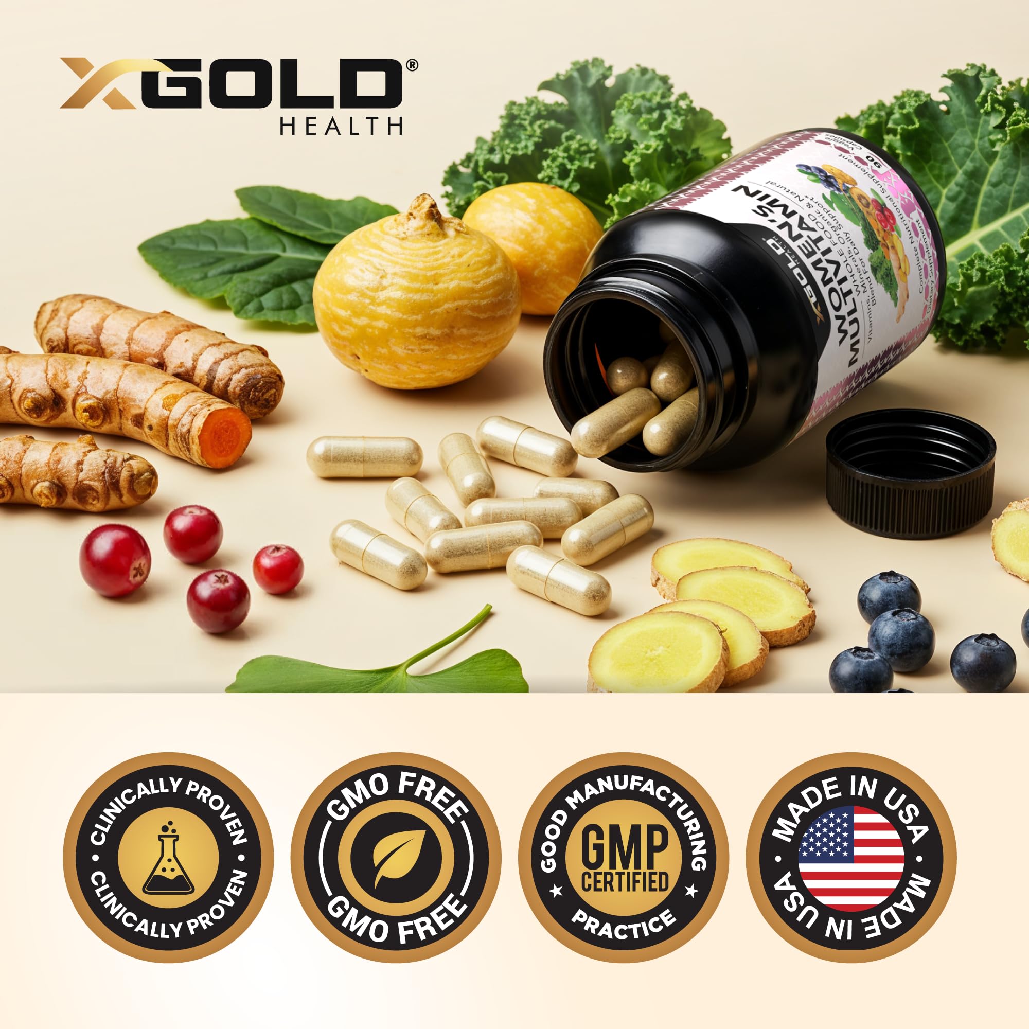 X Gold Health etiqueta nutricional con lista de vitaminas y minerales