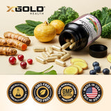 X Gold Health etiqueta nutricional con lista de vitaminas y minerales