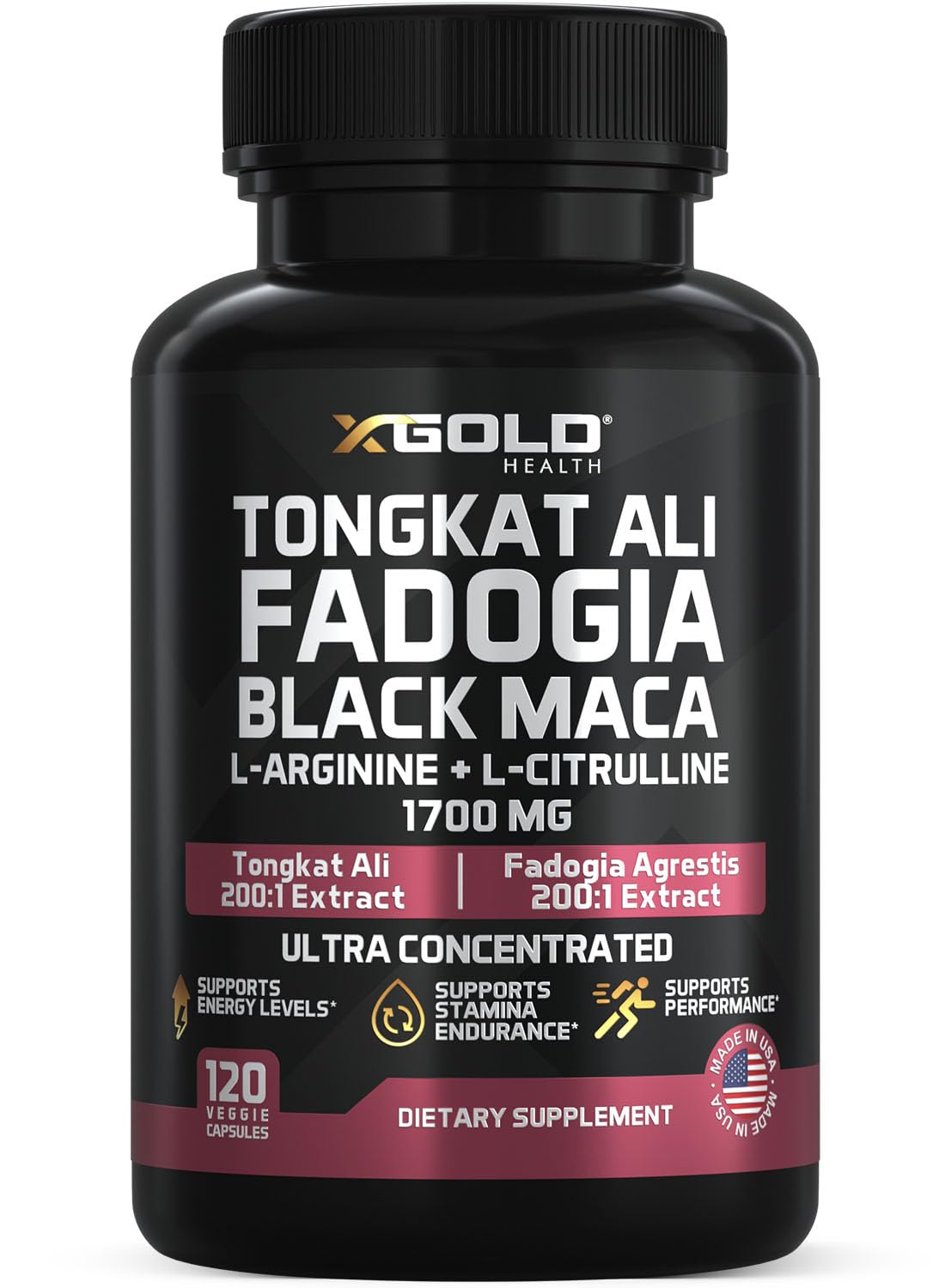 X Gold Health frasco frontal mostrando etiqueta y cantidad de cápsulas