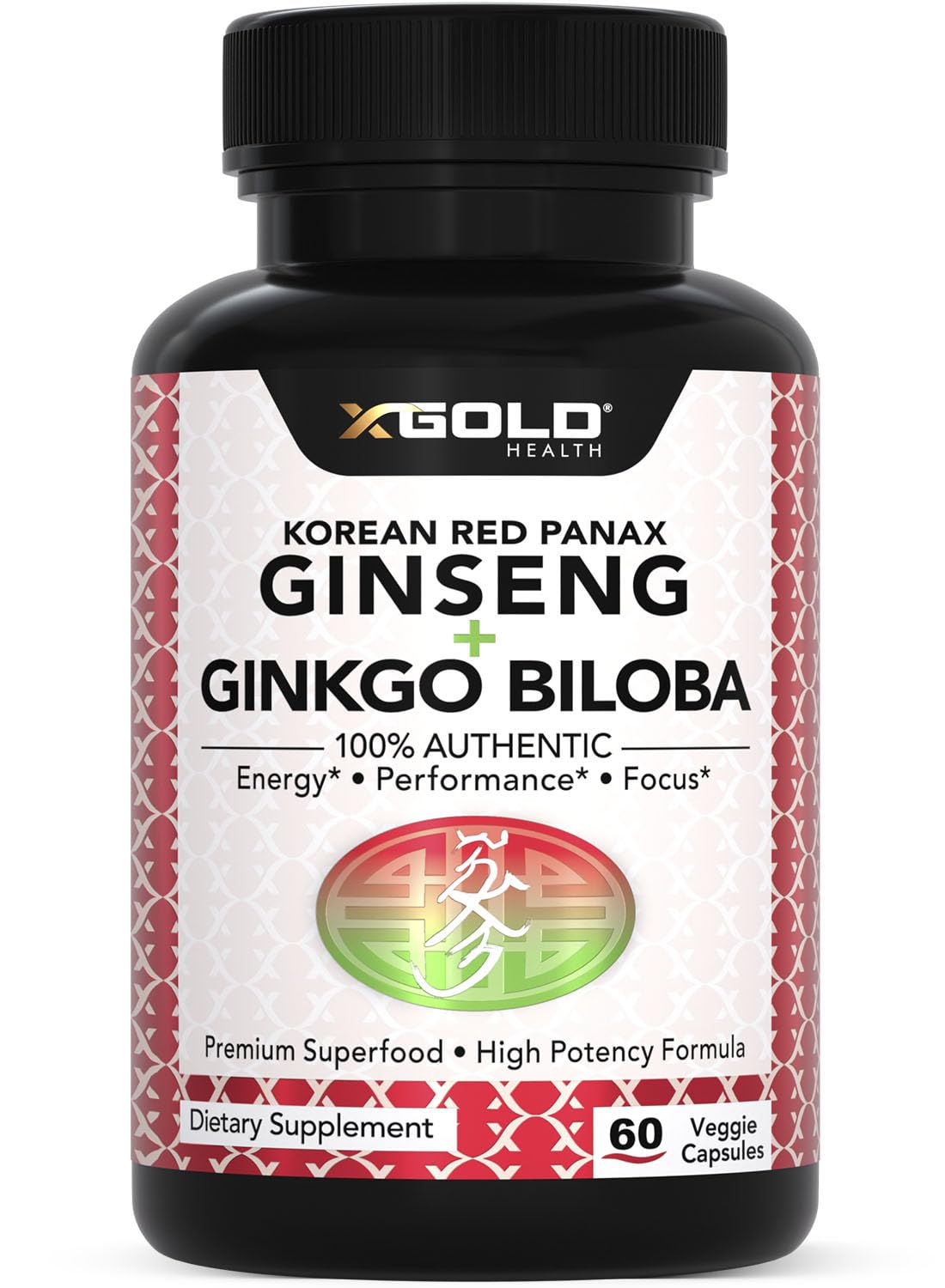 X Gold Health frasco delante con cápsulas, presenta energía natural