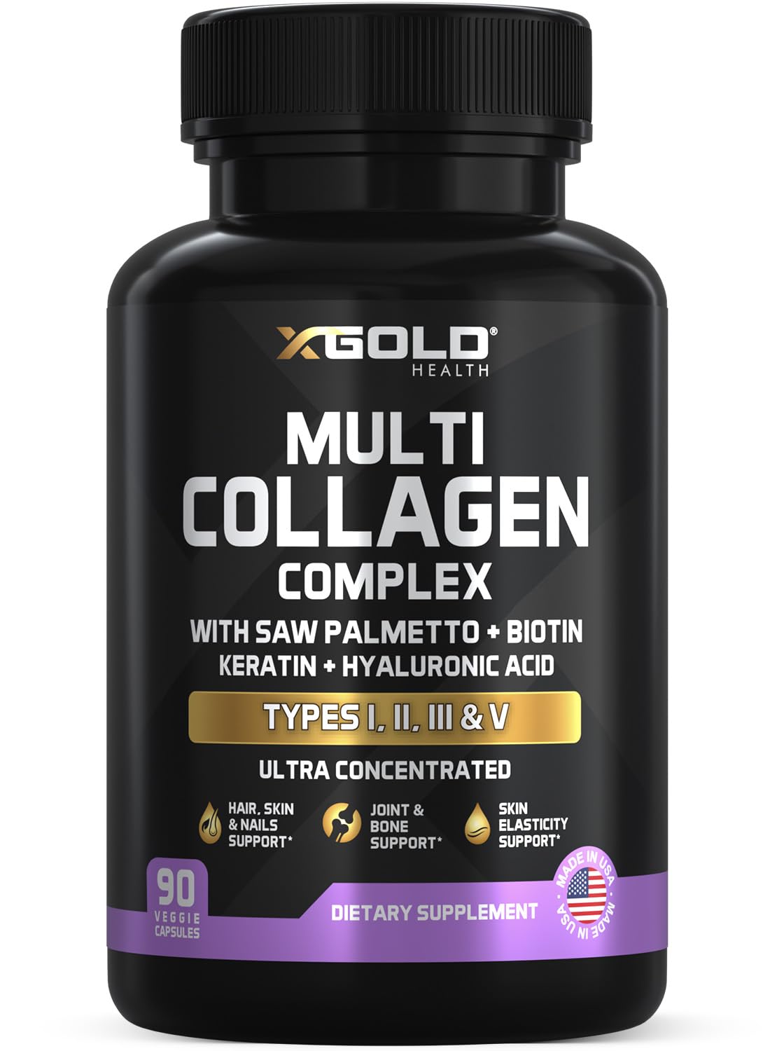 X Gold Health frasco frontal mostrando la marca y beneficios visibles