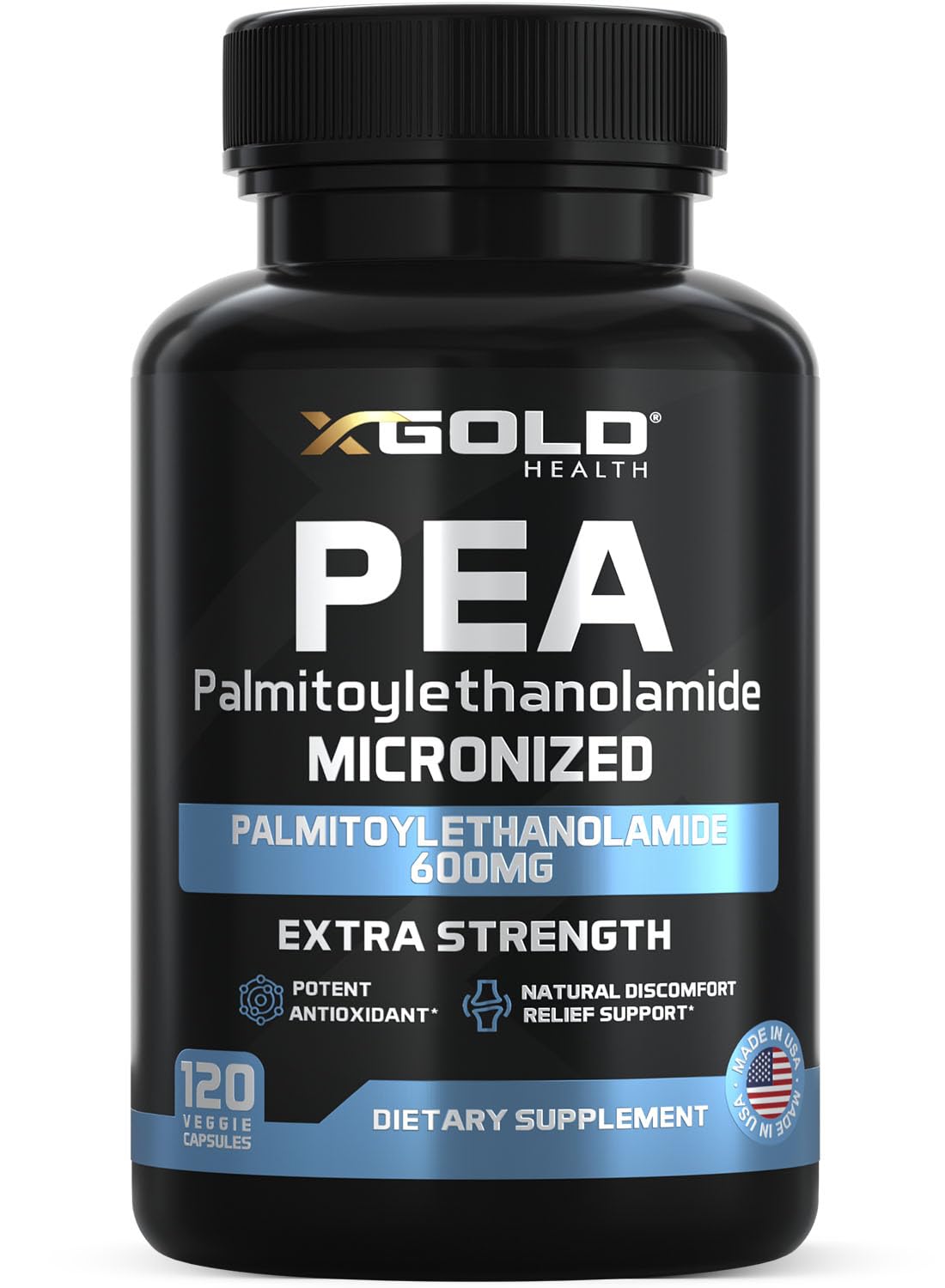 X Gold Health frente del envase mostrando 120 cápsulas y beneficios claros