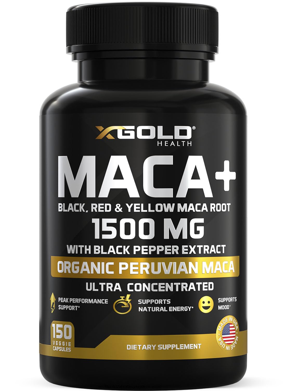 X Gold Health botella frontal que muestra la mezcla de maca y beneficios