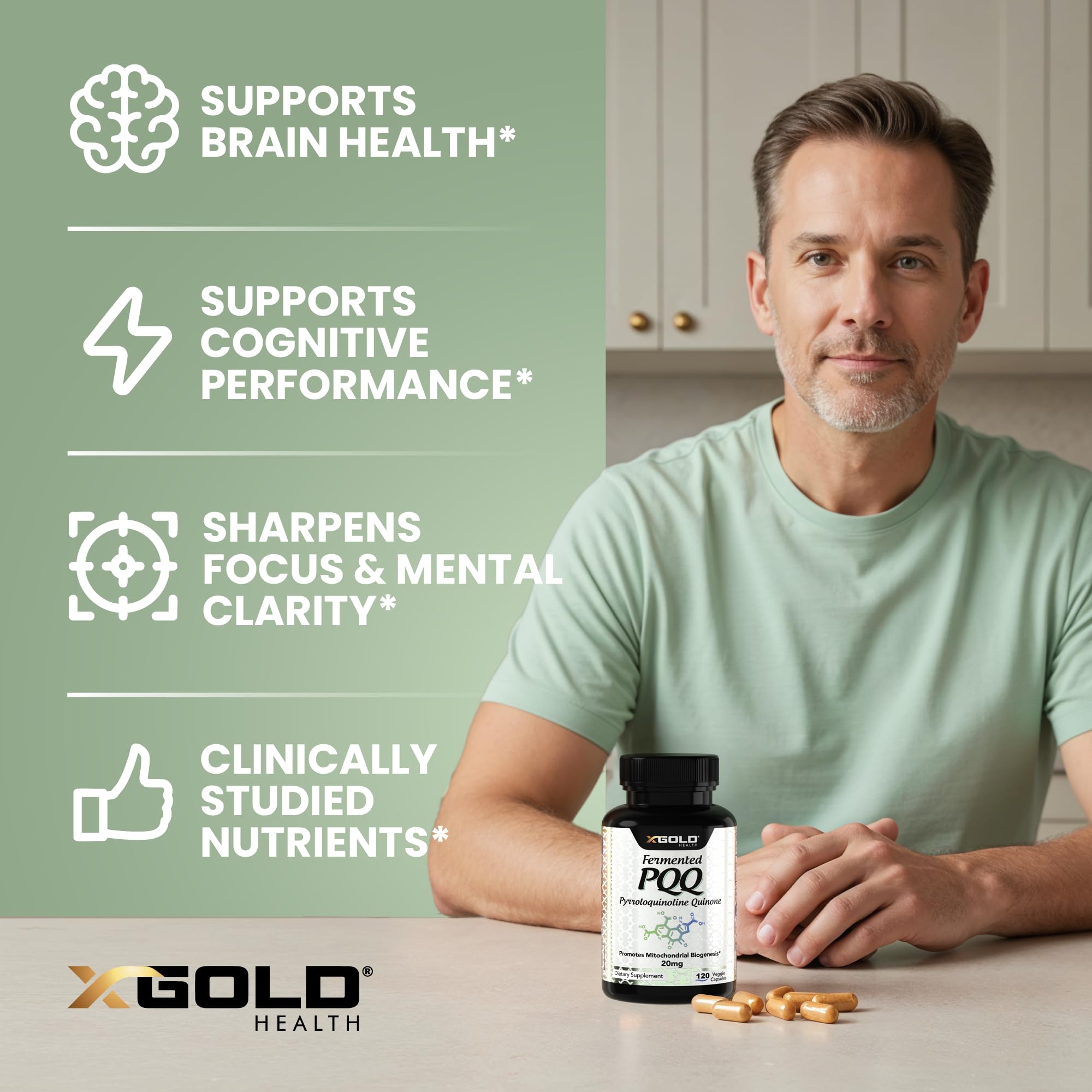 X Gold Health etiqueta nutricional visible indicando 20 mg de PQQ por cápsula