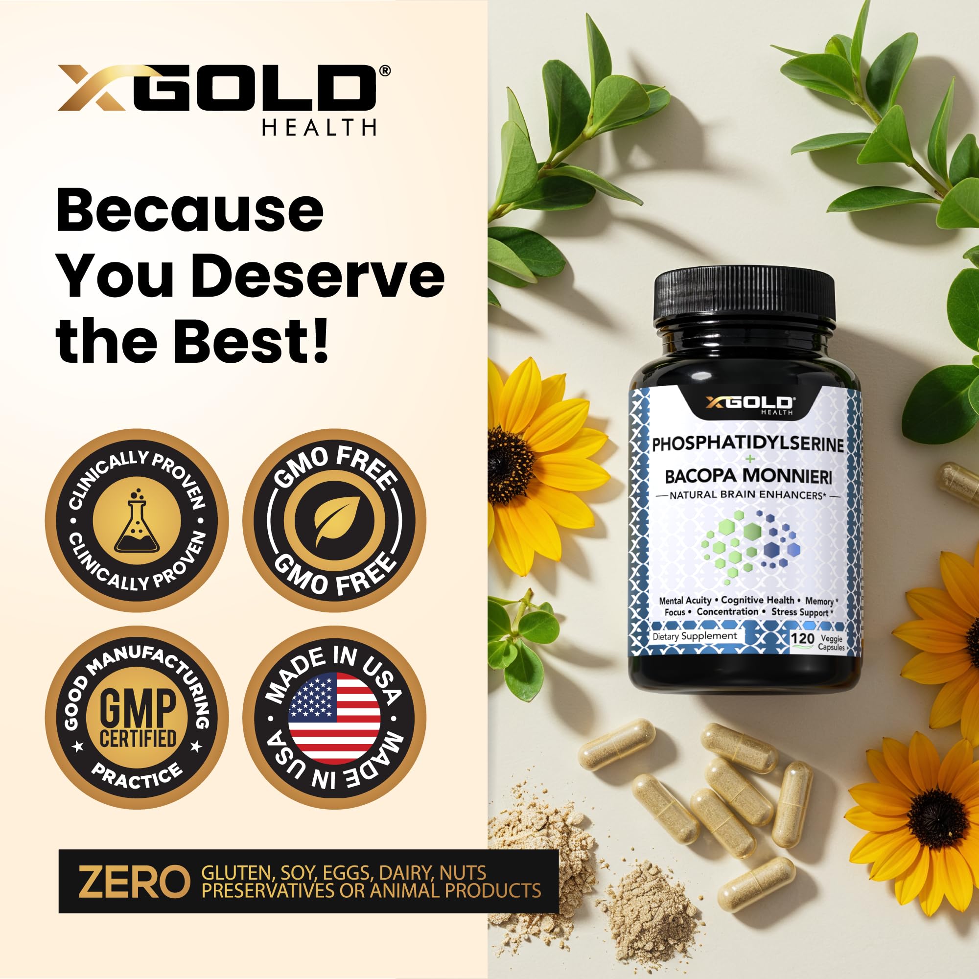 X Gold Health ingredientes fosfatidilserina y bacopa para sinergia