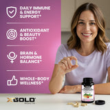 X Gold Health ingredientes orgánicos (maca, jengibre) enfatizando naturalidad