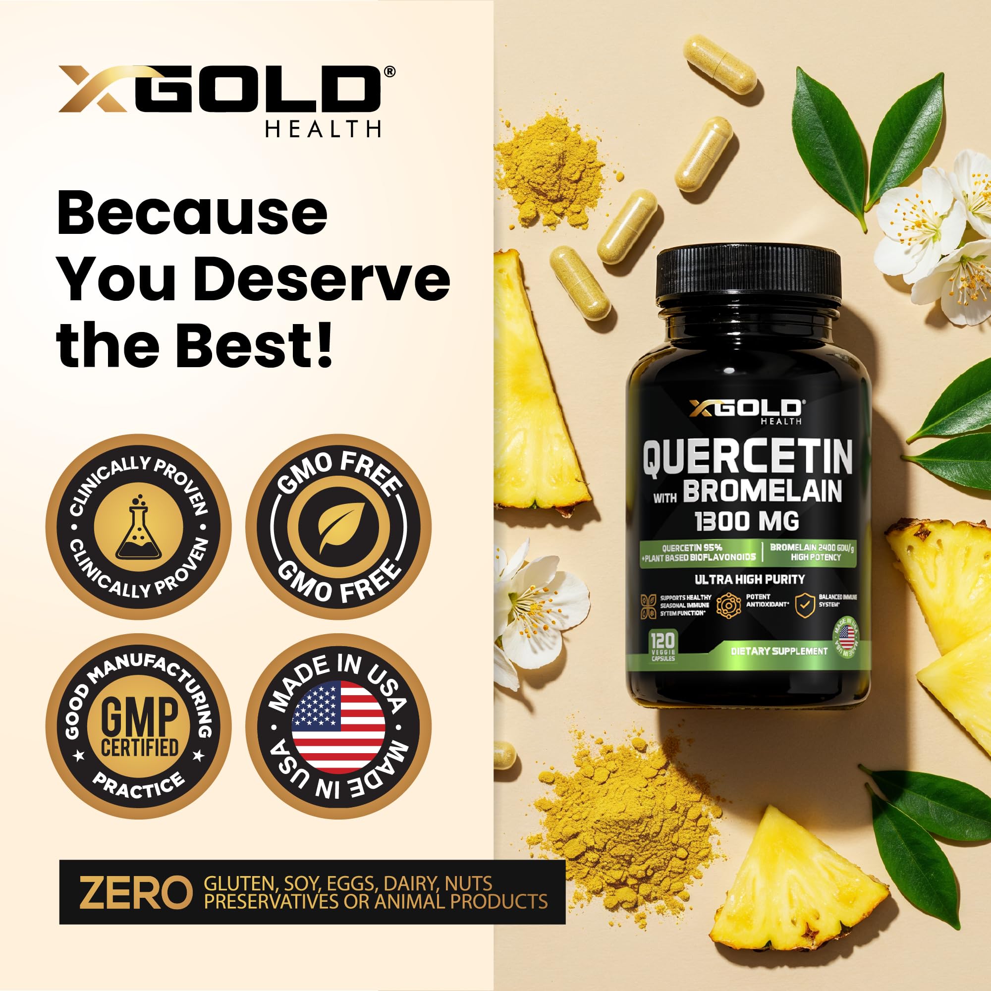 X Gold Health ingredientes mostrados: piña y Sophora japonica como fuente