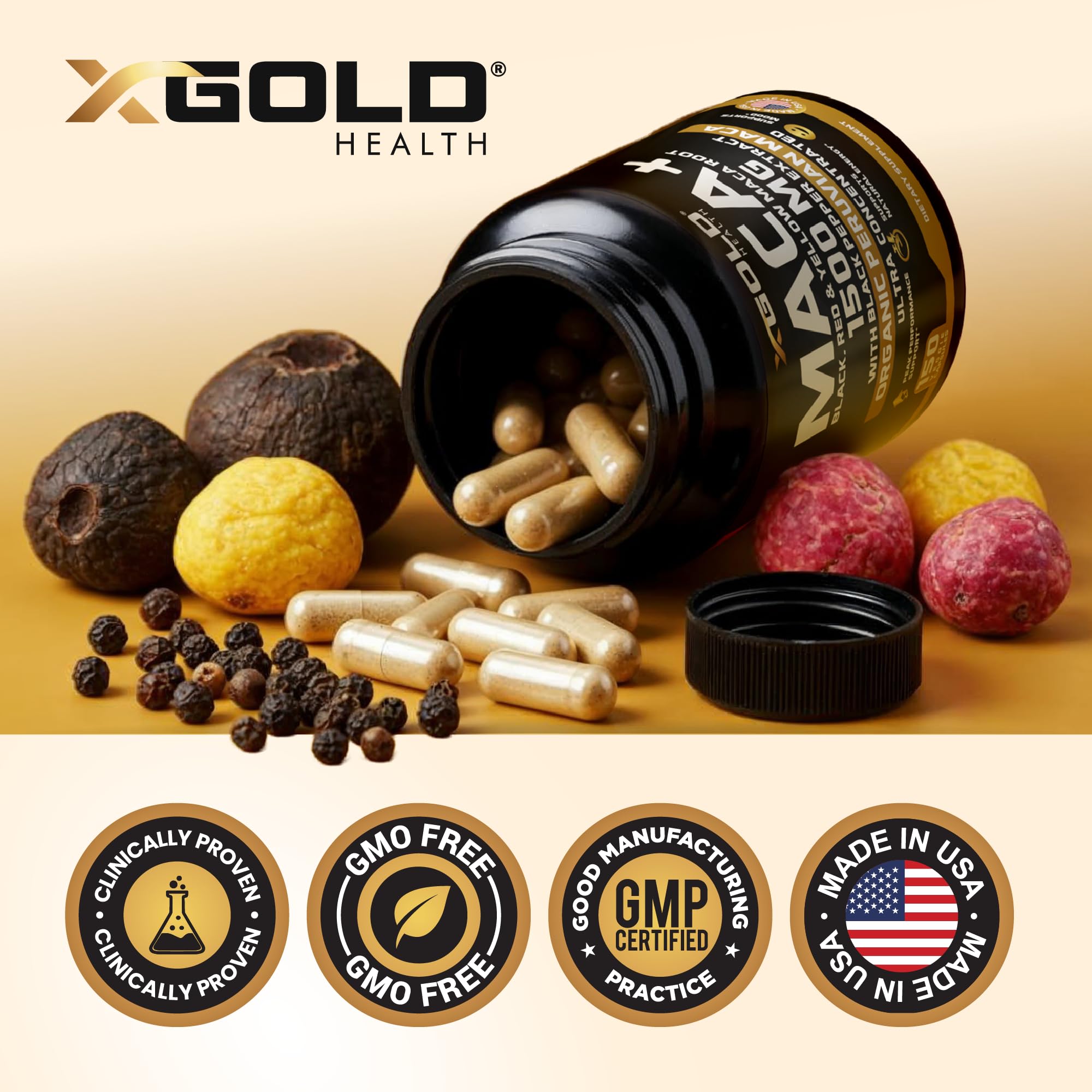 X Gold Health frasco junto a objetos para comparar tamaño y cantidad