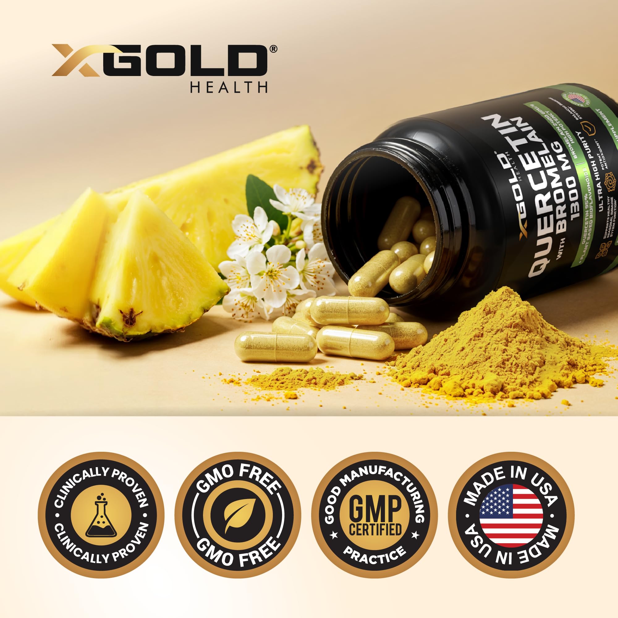 X Gold Health comparación de tamaño de frasco frente a objeto cotidiano