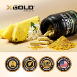 X Gold Health comparación de tamaño de frasco frente a objeto cotidiano