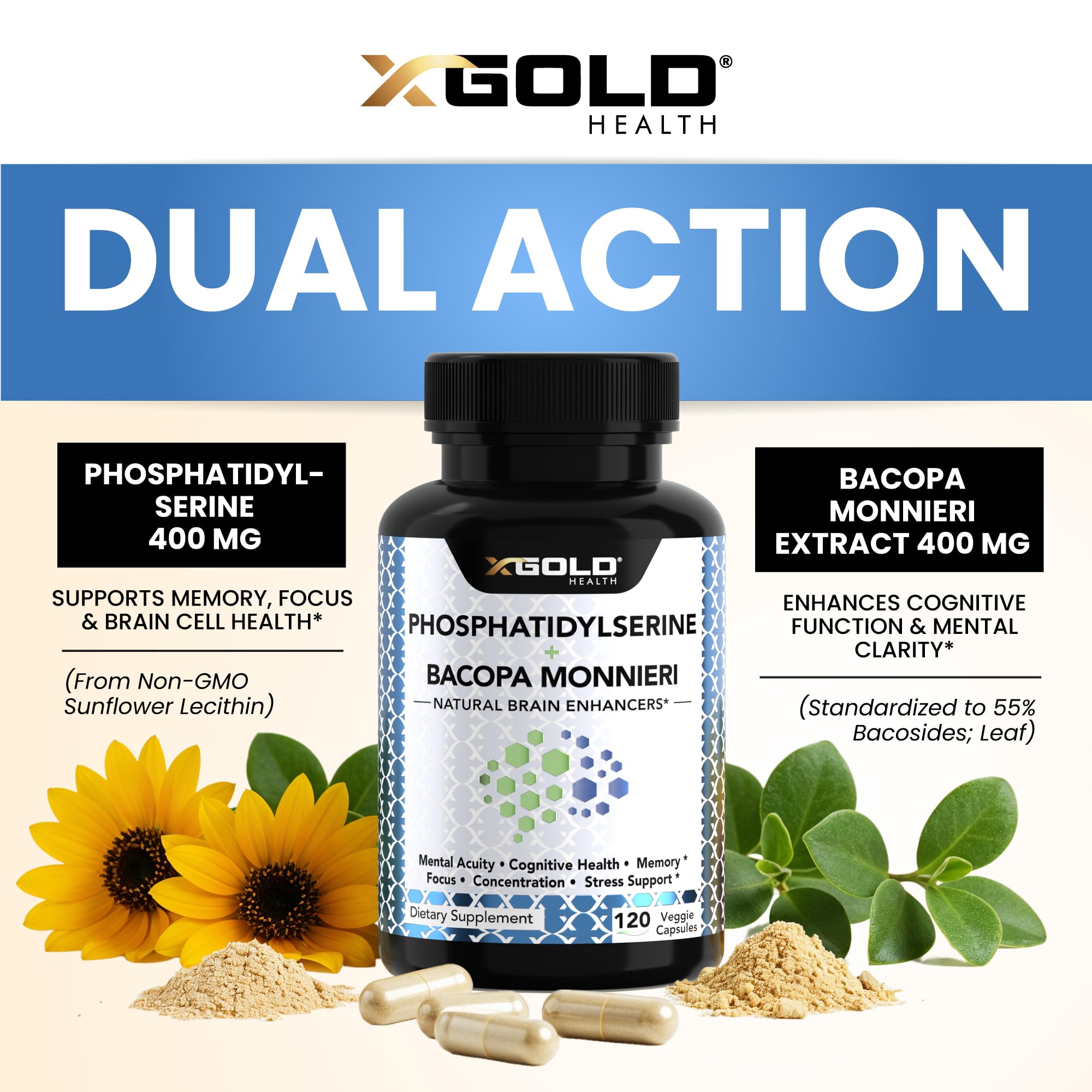 X Gold Health cápsula en mano para comparar tamaño y facilidad