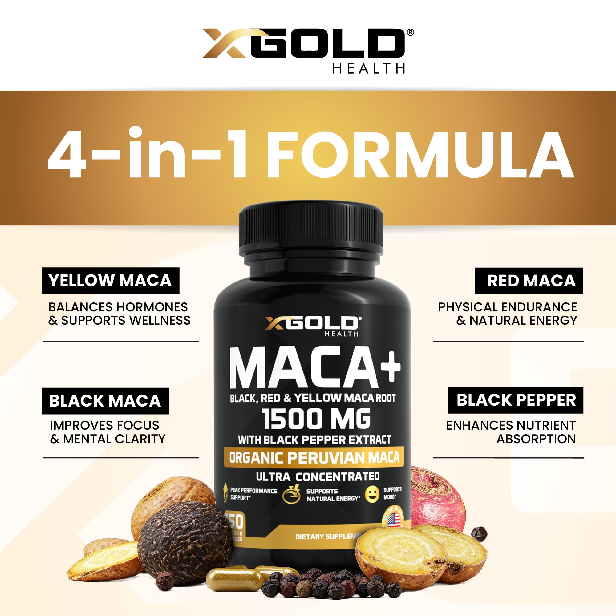 X Gold Health polvo de maca en primer plano para textura y pureza