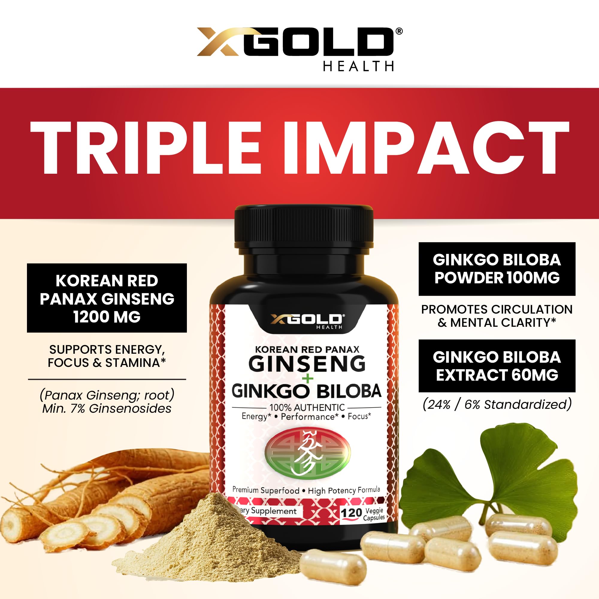 X Gold Health textura del polvo de ginseng destacando pureza botánica