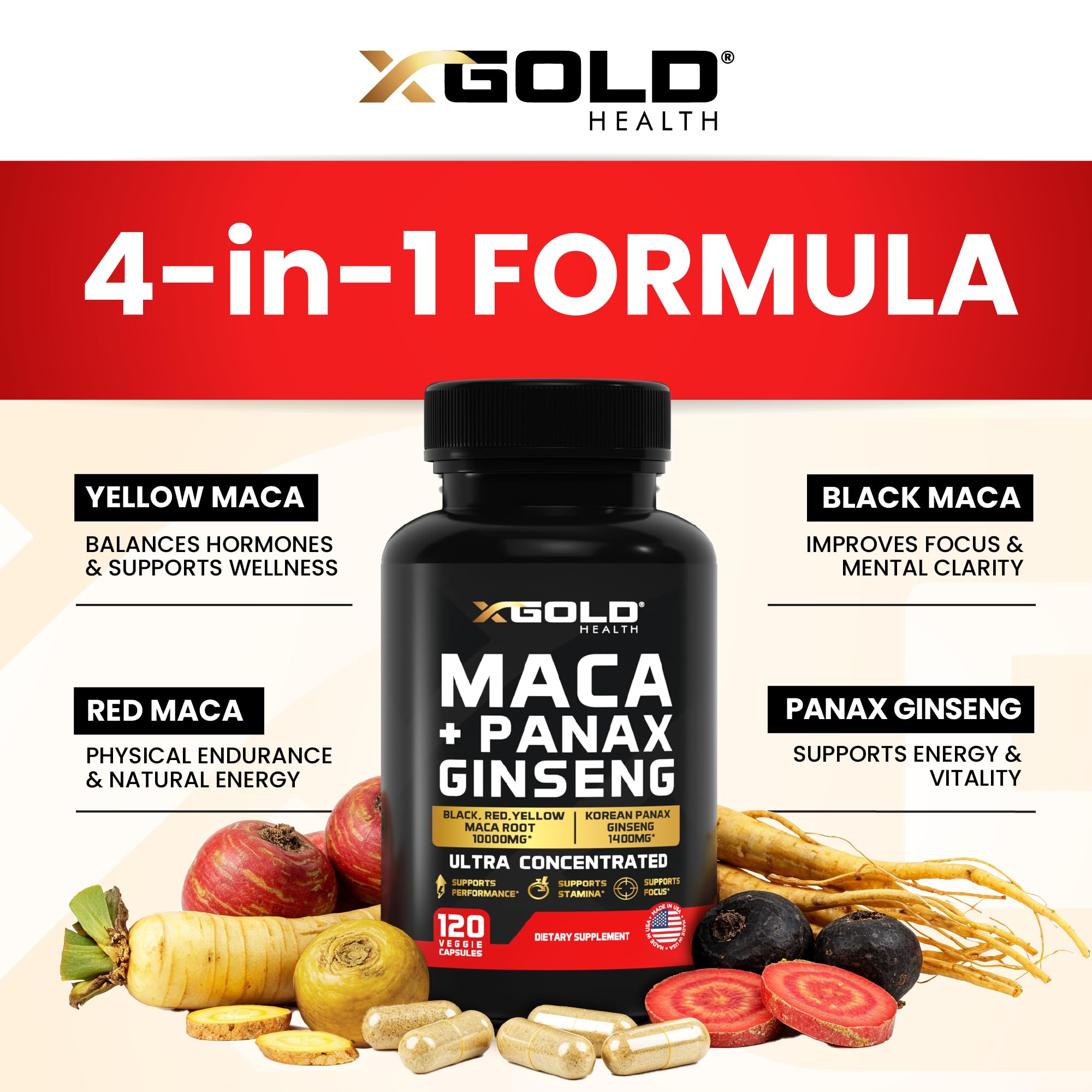 X Gold Health polvo de maca concentrada mostrando textura y pureza