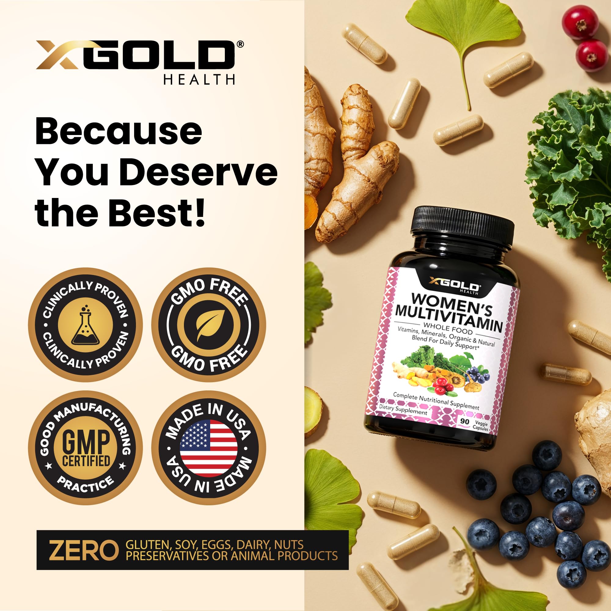 X Gold Health multivitamínico en cocina junto a alimentos saludables