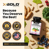 X Gold Health multivitamínico en cocina junto a alimentos saludables
