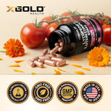 X Gold Health cápsula sobre escritorio junto a pantalla, soporte para ojos