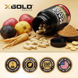 X Gold Health cápsulas junto a zapatillas y botella, apoyo activo diario