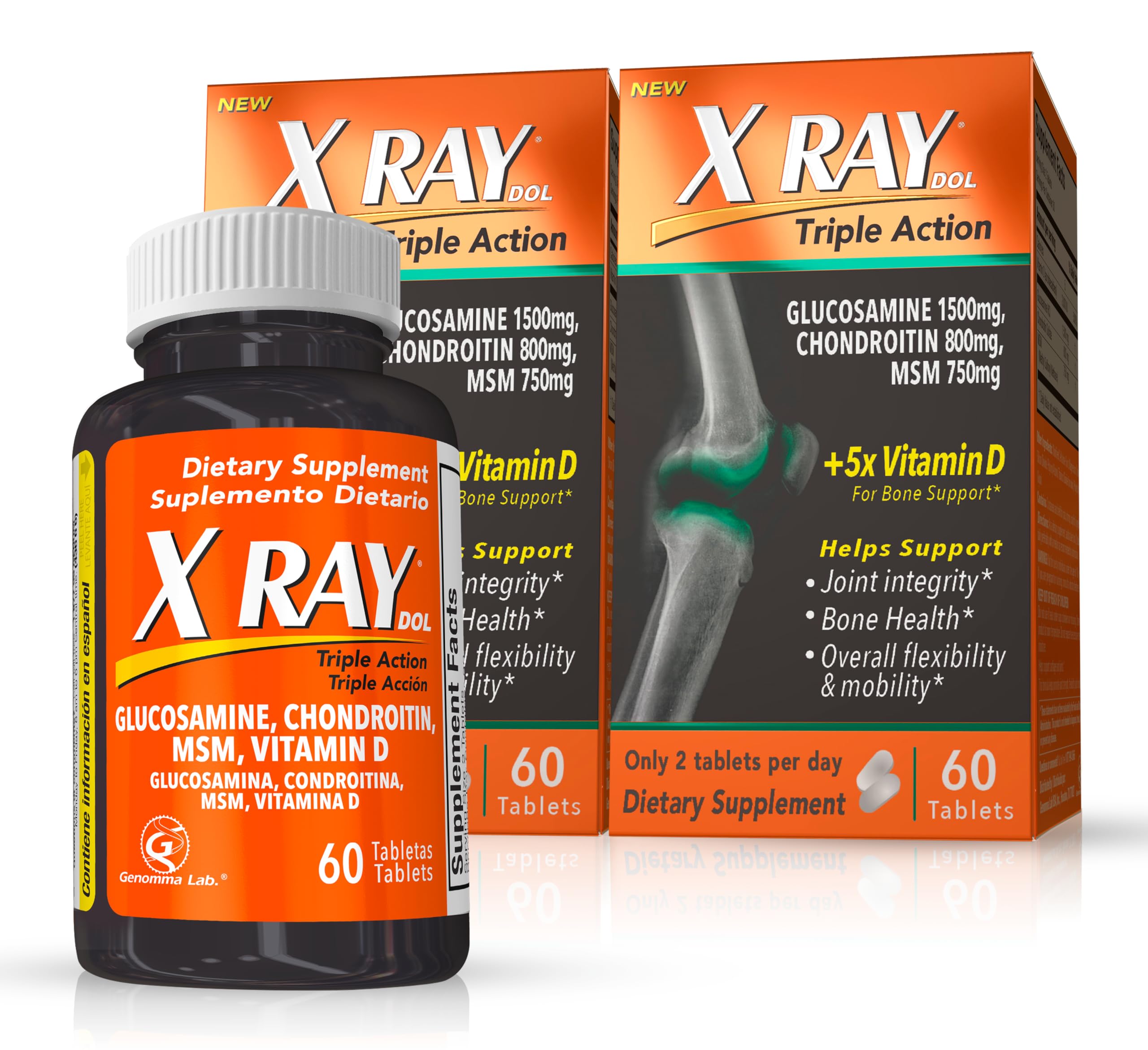 X Ray Dol envase frontal mostrando tabletas y beneficios para movilidad