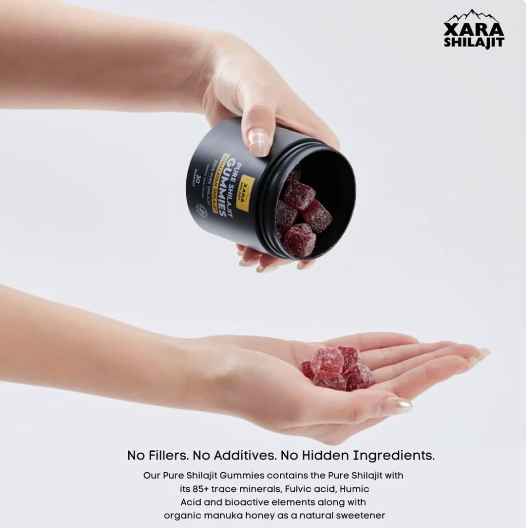 Xara Shilajit gomita en primer plano con textura y sabor apetecible