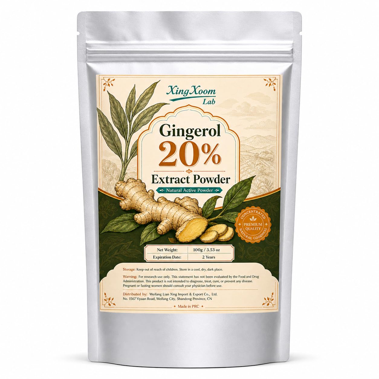 XingXoom envase frontal 100g de Gingerol 20% Powder mostrando etiqueta y formato compacto