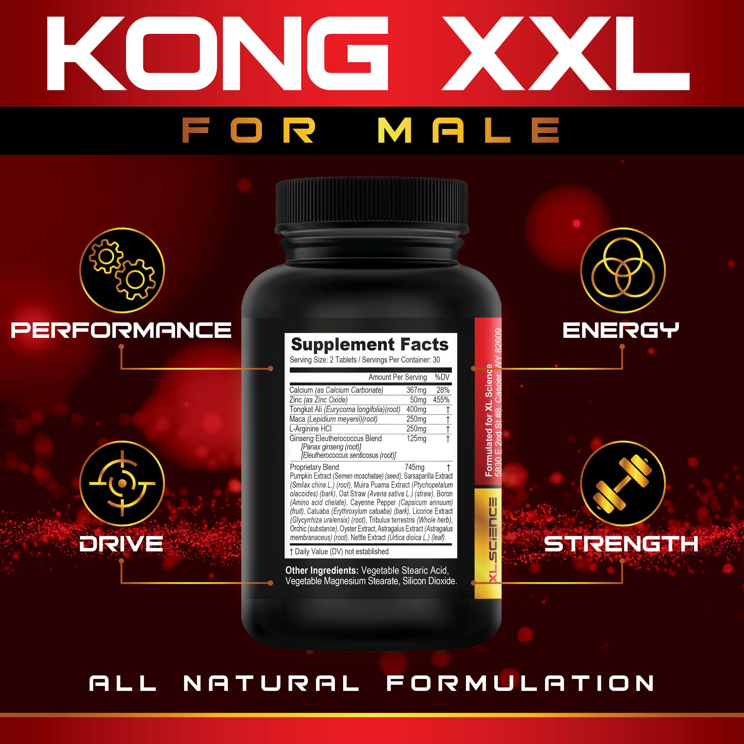 XL Science Kong XXL persona sosteniendo frasco ilustrando dosificación práctica