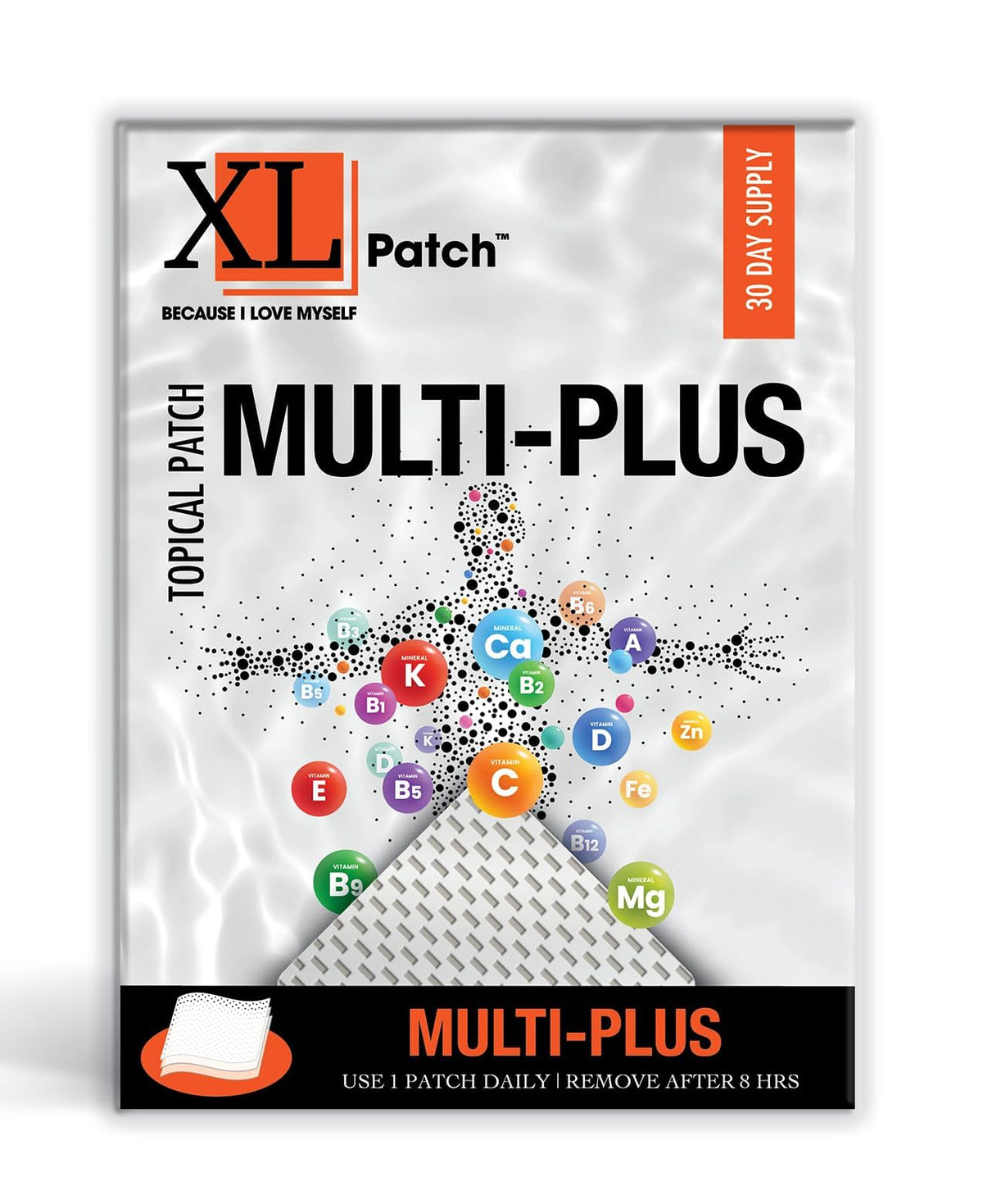 XLPATCH empaque frontal mostrando caja de 30 días y facilidad de almacenamiento