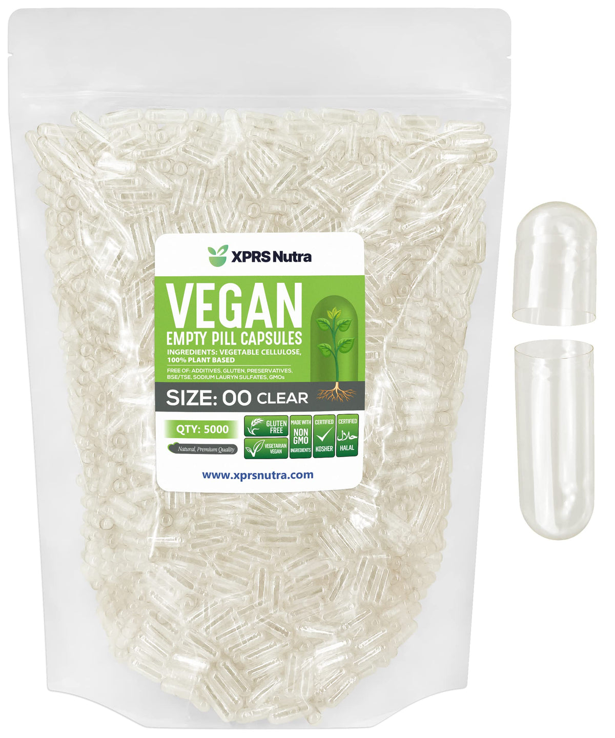 XPRS Nutra caja frontal mostrando 5000 cápsulas veganas y claro beneficio de cantidad