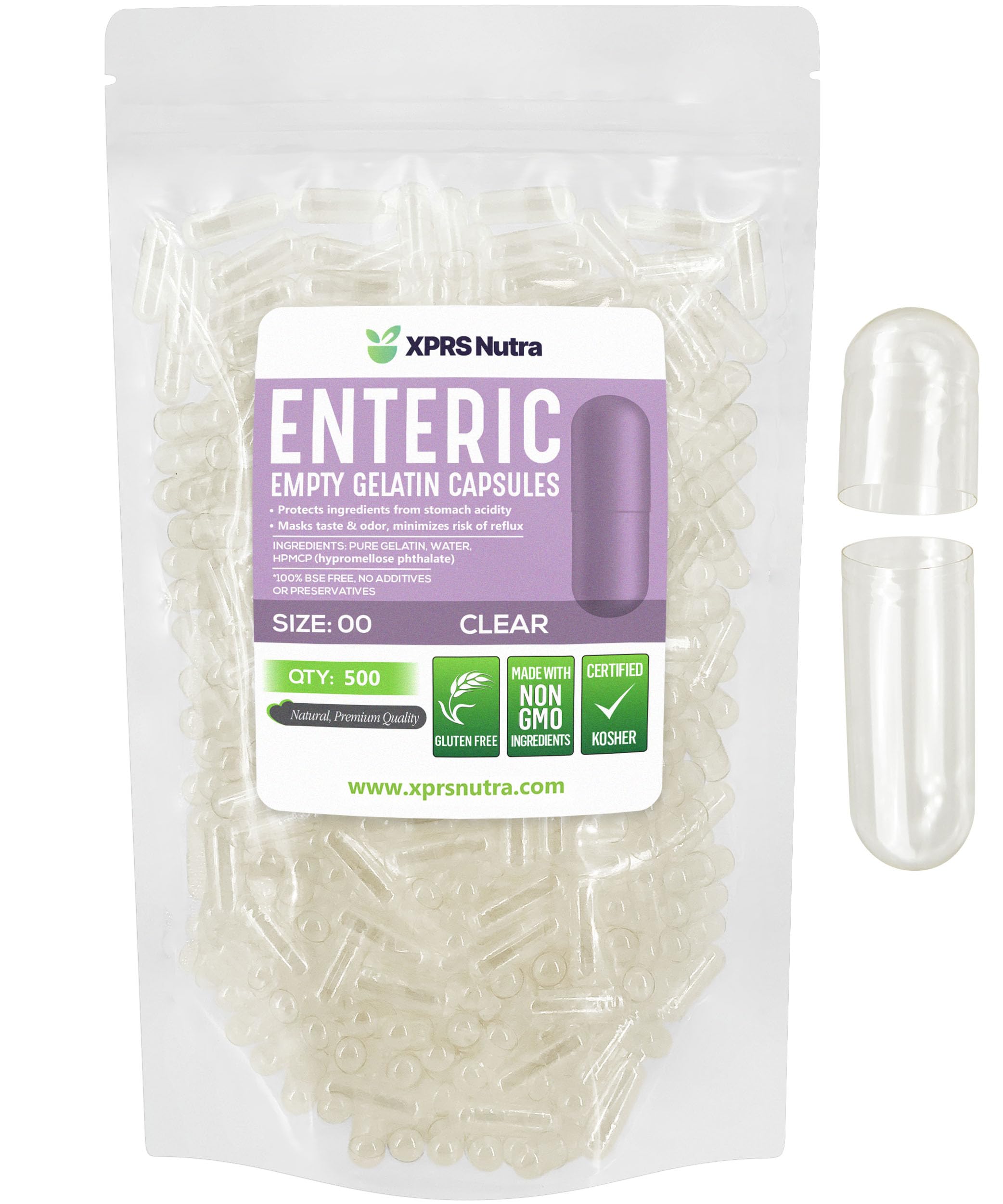 XPRS Nutra caja frontal con 500 cápsulas enteric clear y protección contra humedad