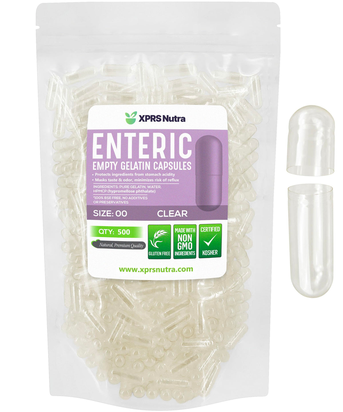 XPRS Nutra caja frontal con 500 cápsulas enteric clear y protección contra humedad