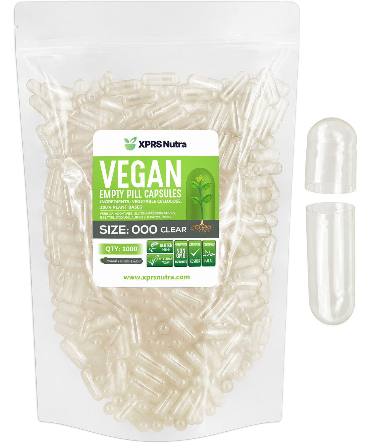 XPRS Nutra paquete frontal de cápsulas 000 transparente, práctico y vegano