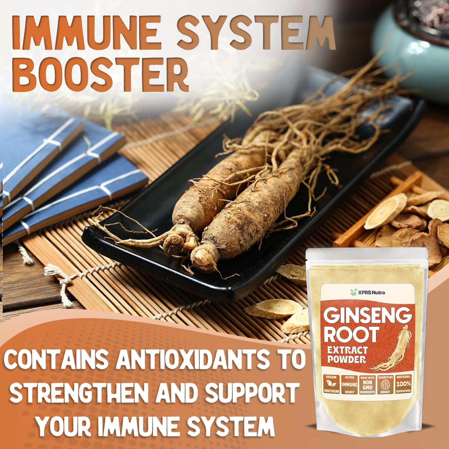 XPRS Nutra raíz de ginseng en detalle, visual de calidad de origen
