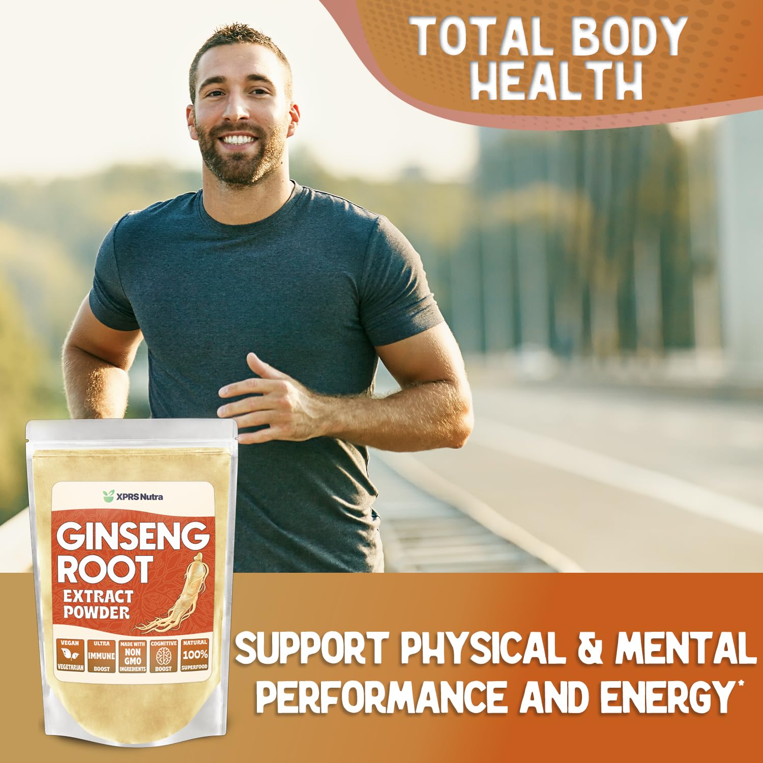 XPRS Nutra polvo de ginseng mezclado en batido mostrando versatilidad