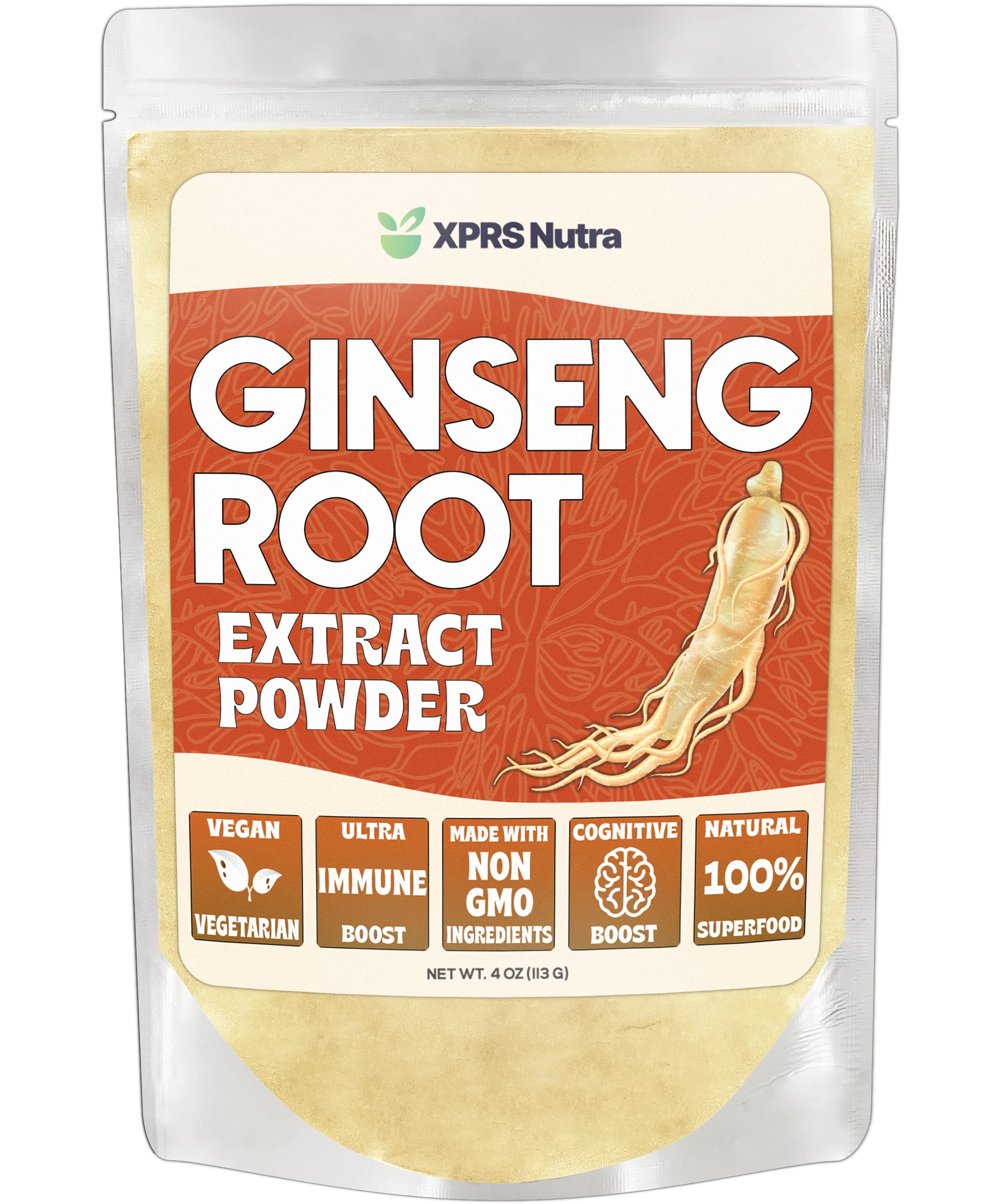 XPRS Nutra envase frontal de polvo de ginseng, presentación clara y práctica