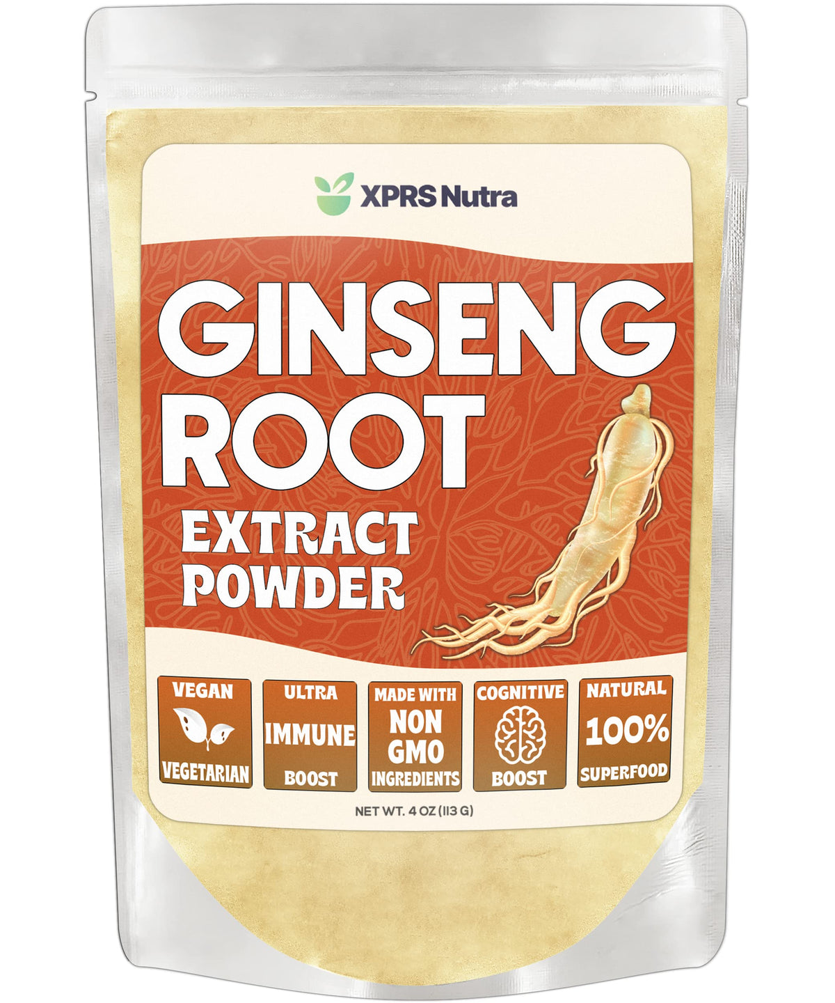 XPRS Nutra envase frontal de polvo de ginseng, presentación clara y práctica
