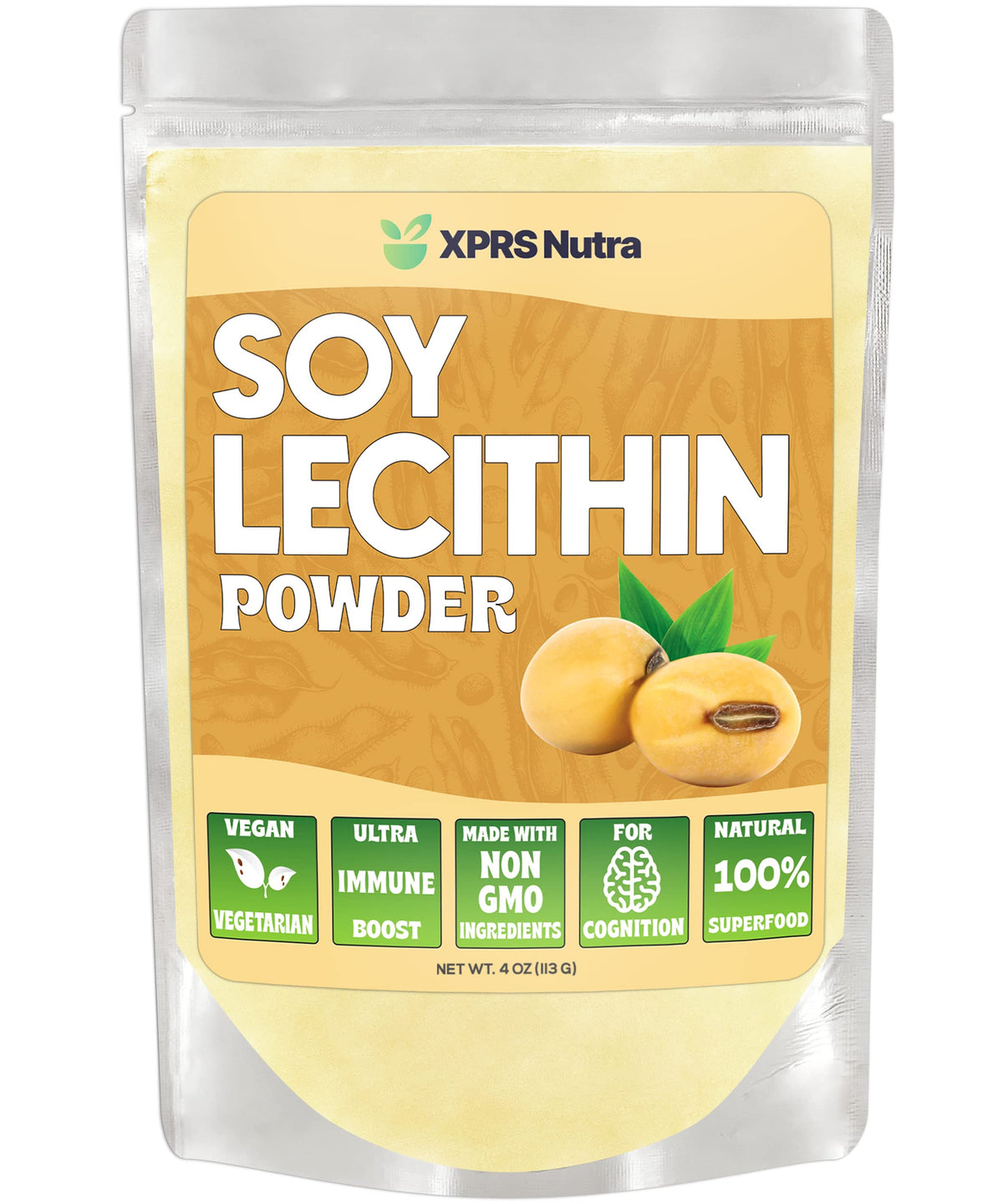 XPRS Nutra paquete frontal de lecitina de soja mostrando presentación, práctico para cocinar