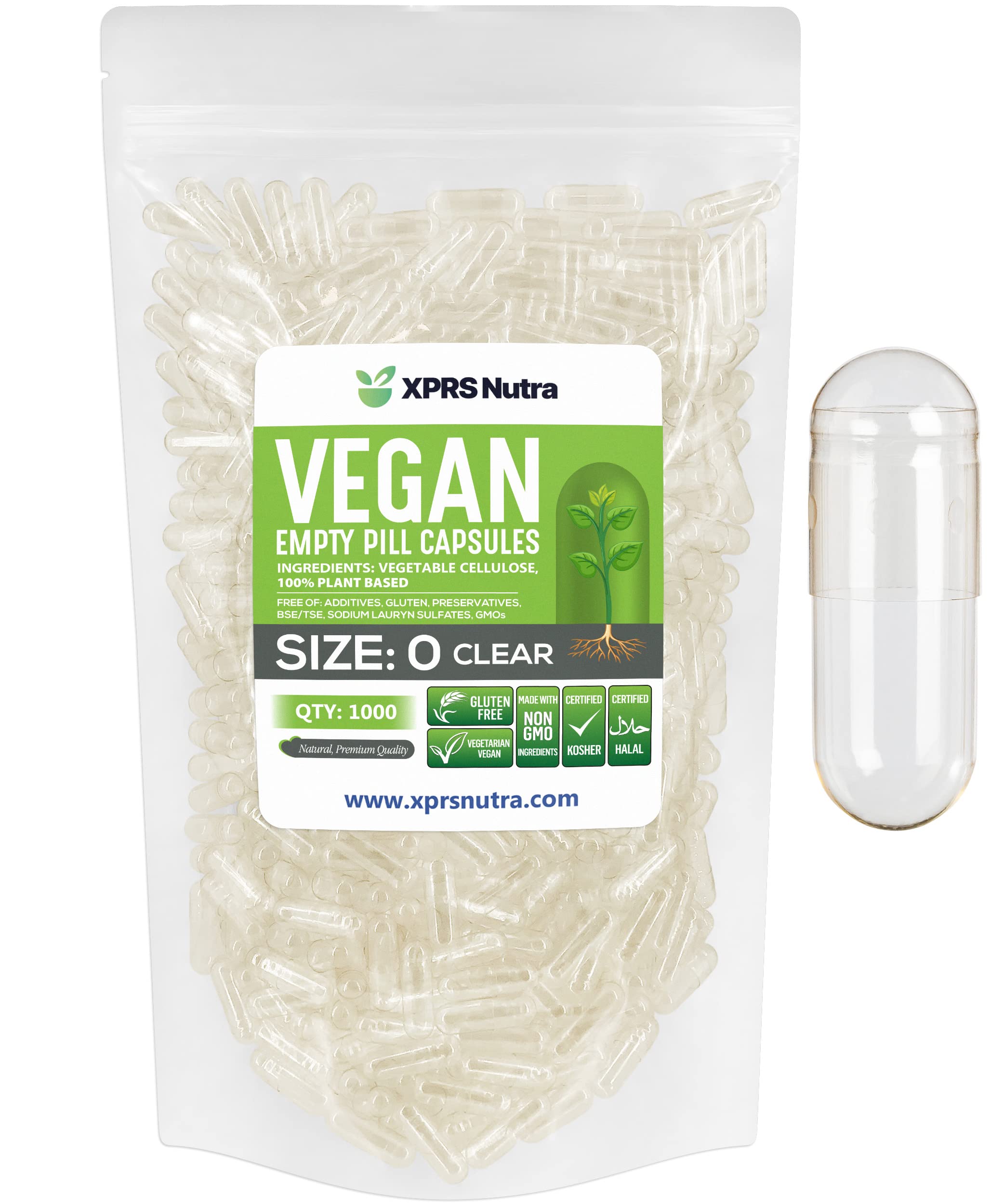 XPRS Nutra paquete frontal muestra 1000 cápsulas veganas y claras para dosificar