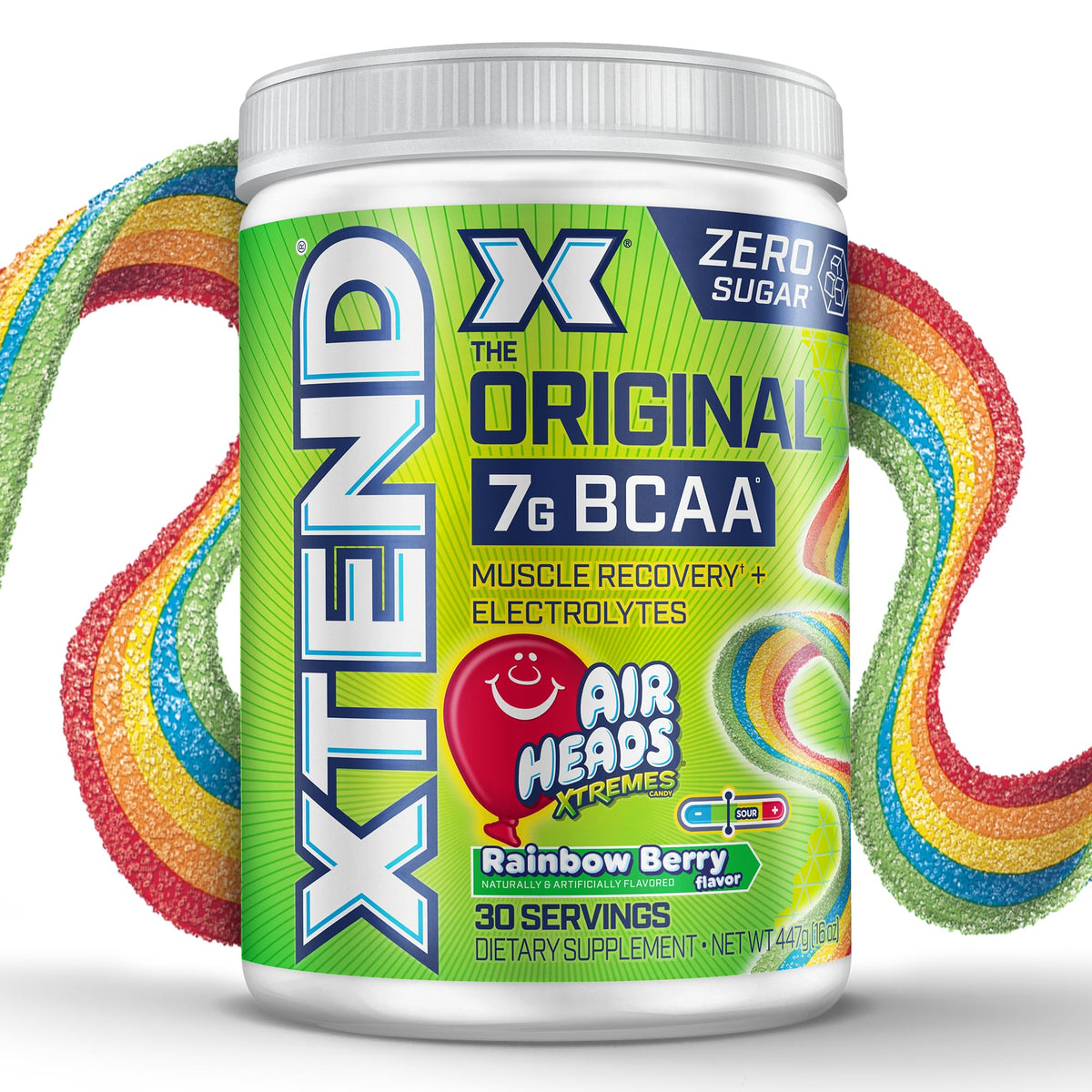 Xtend envase frontal mostrando sabor Airheads y beneficio recuperación
