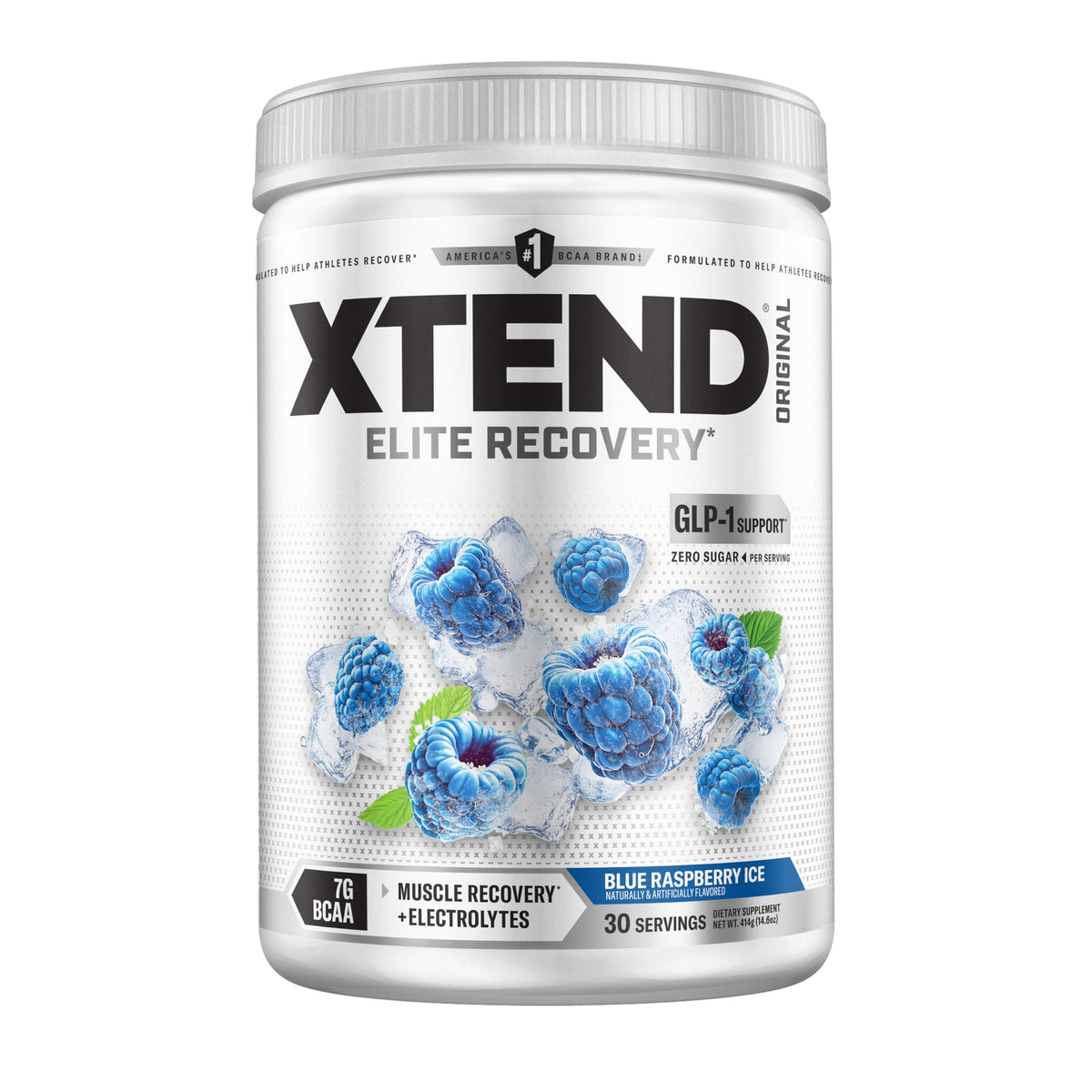 Xtend envase frontal Blue Raspberry Ice mostrando la etiqueta y beneficios