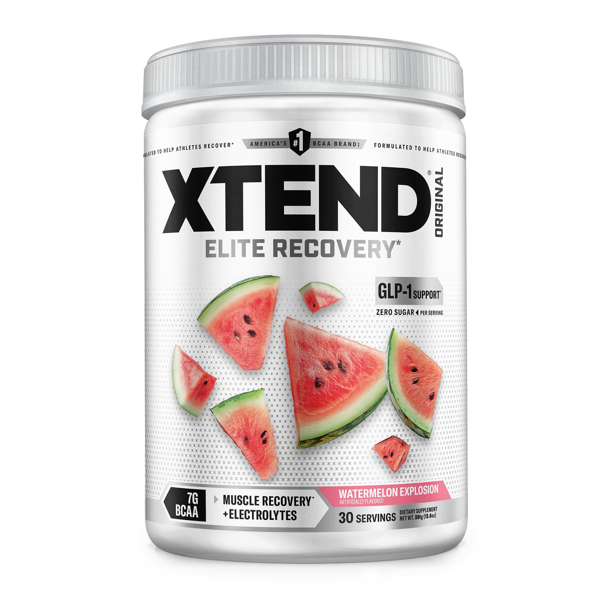 Xtend bote frontal sabor Sandía mostrando etiqueta y beneficio recuperación