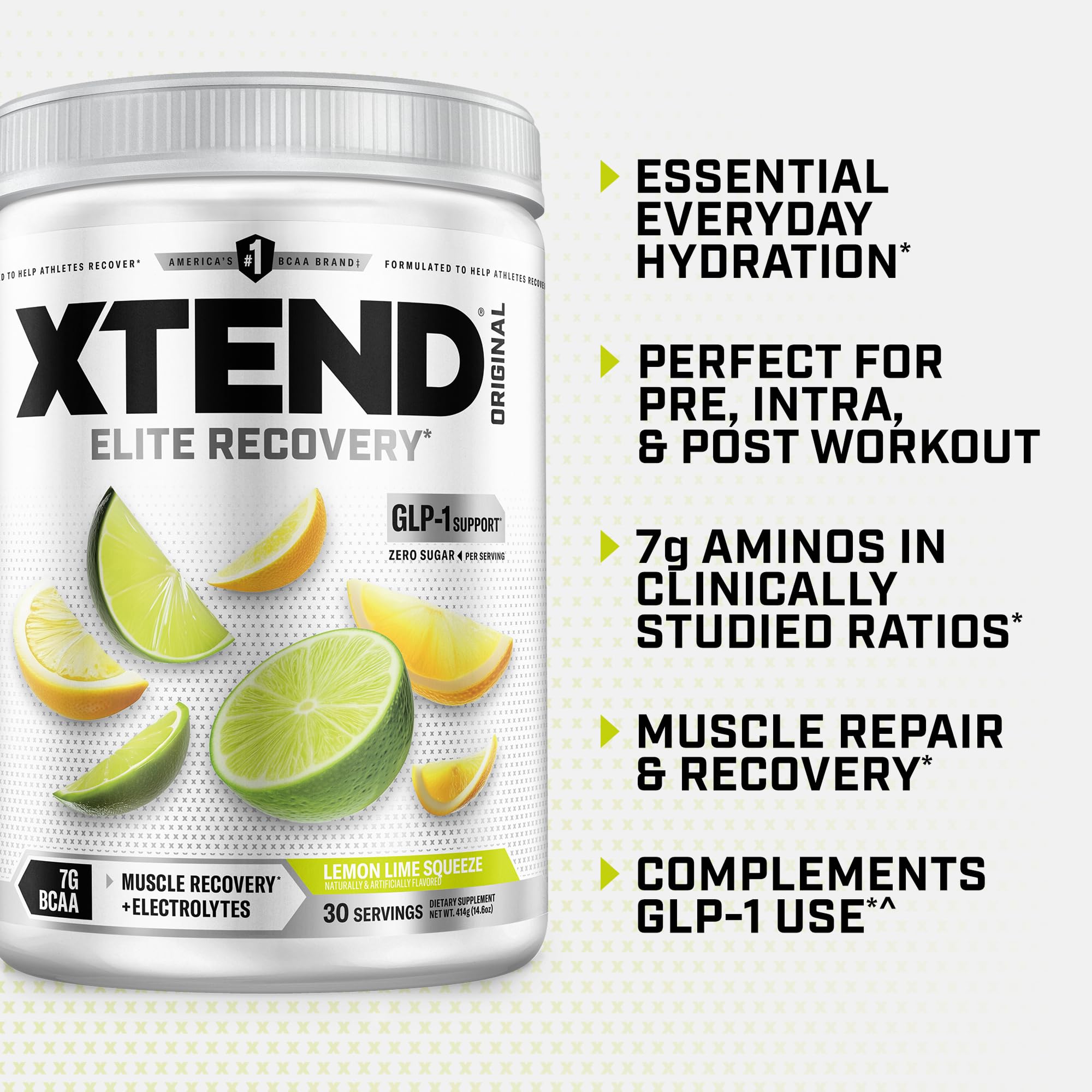 Cucharada medidora con porción de Xtend indicando 7g BCAA y 2.5g L‑glutamina