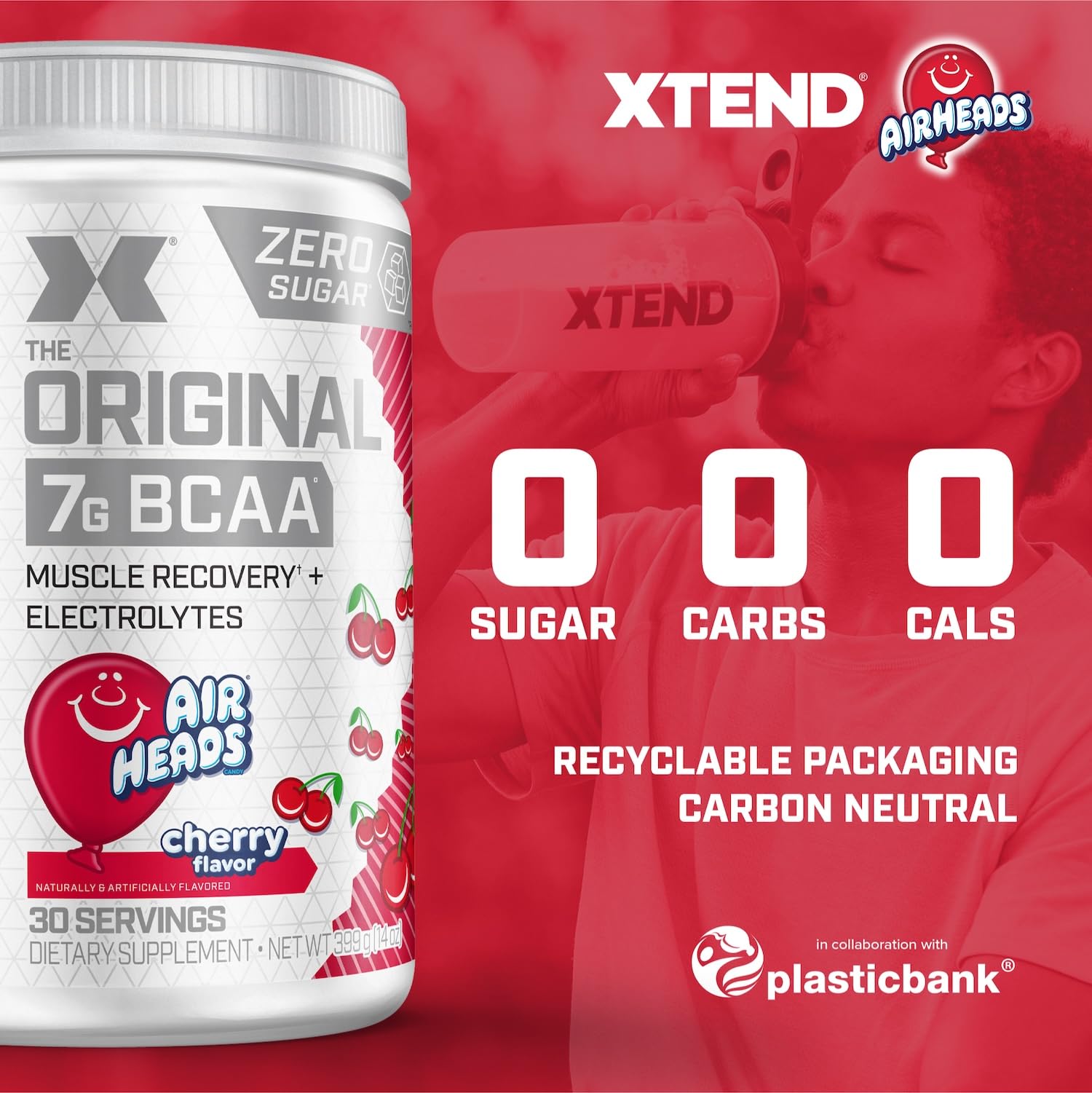 Xtend cucharilla medidora con porción seca indicando 7g BCAA y 2.5g L‑glutamina, beneficio dosificación