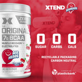 Xtend cucharilla medidora con porción seca indicando 7g BCAA y 2.5g L‑glutamina, beneficio dosificación